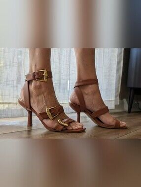 Vince Camuto Brown Vegan Leather Strappy Heels with Gold Buckles